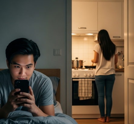 女友在煮飯男友說要去房間休息一下等女友煮完飯去房間叫男友吃飯發現男友在偷看A片打手槍還裝沒事說晚點在吃飯你們會？